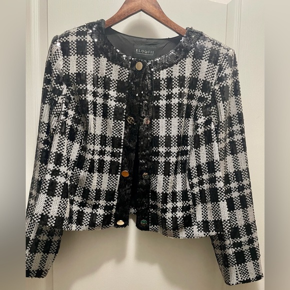 NWT Eloquii black and white plaid design sequins blazer. Size 14 - Picture 2 of 4